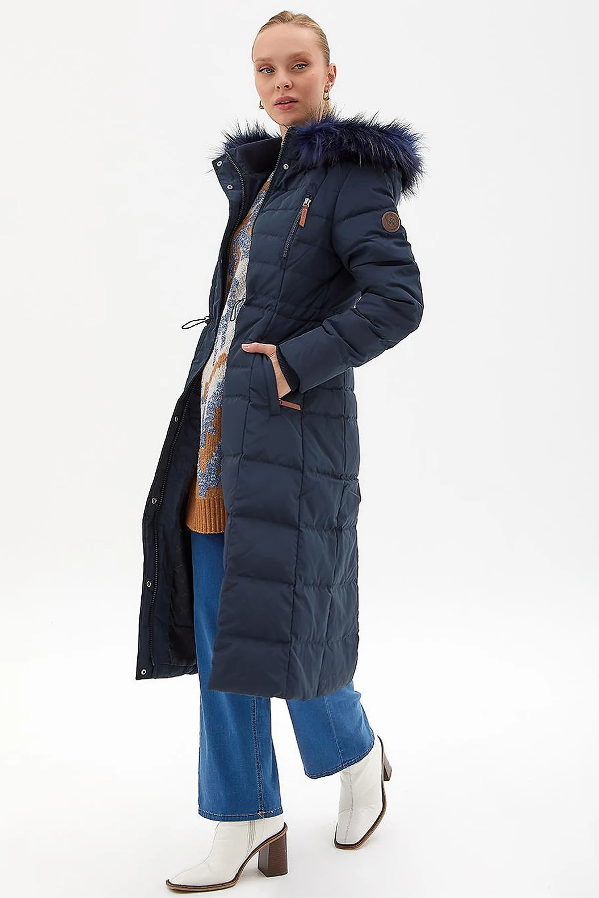 Goose Feather Filled Long Coat Navy