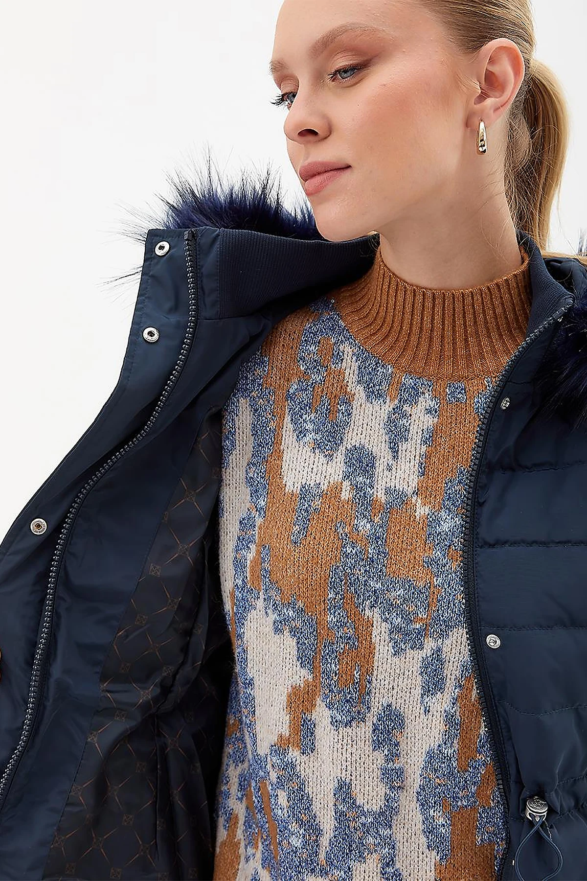Goose Feather Filled Long Coat Navy