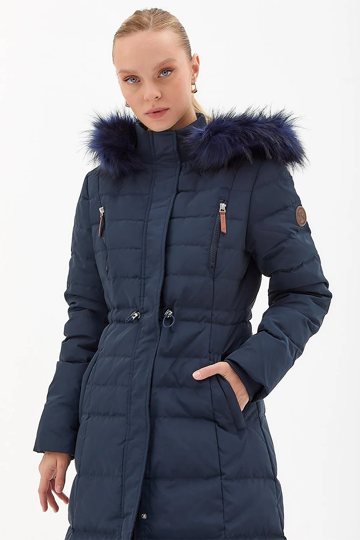 Goose Feather Filled Long Coat Navy