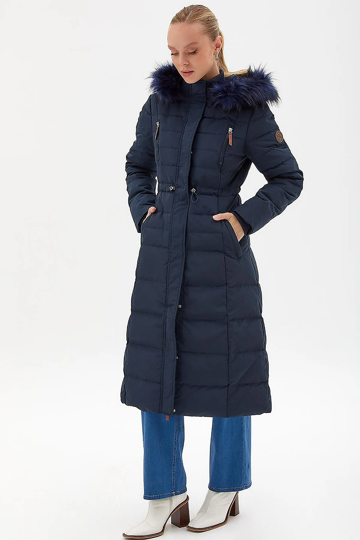 Goose Feather Filled Long Coat Navy