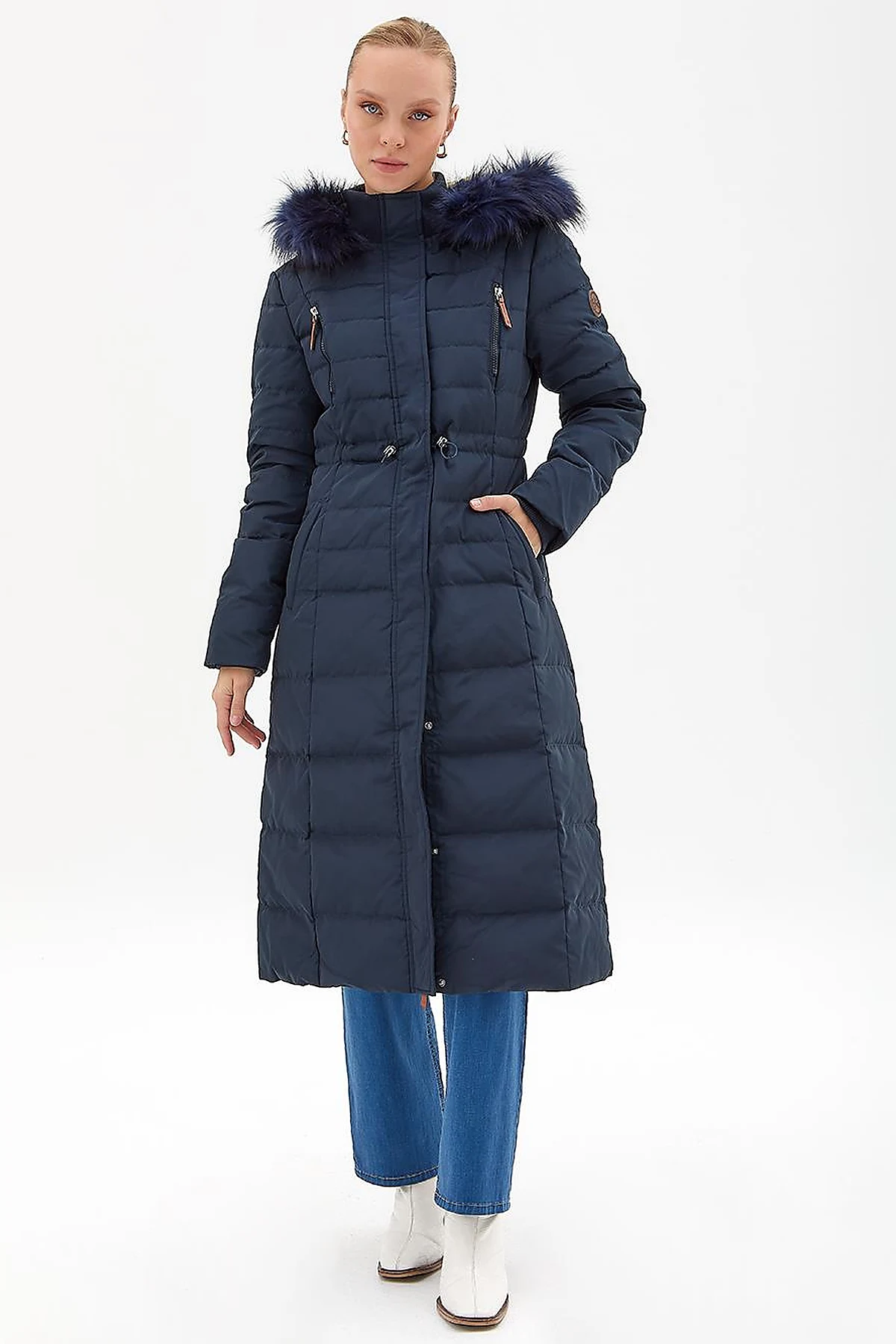 Goose Feather Filled Long Coat Navy