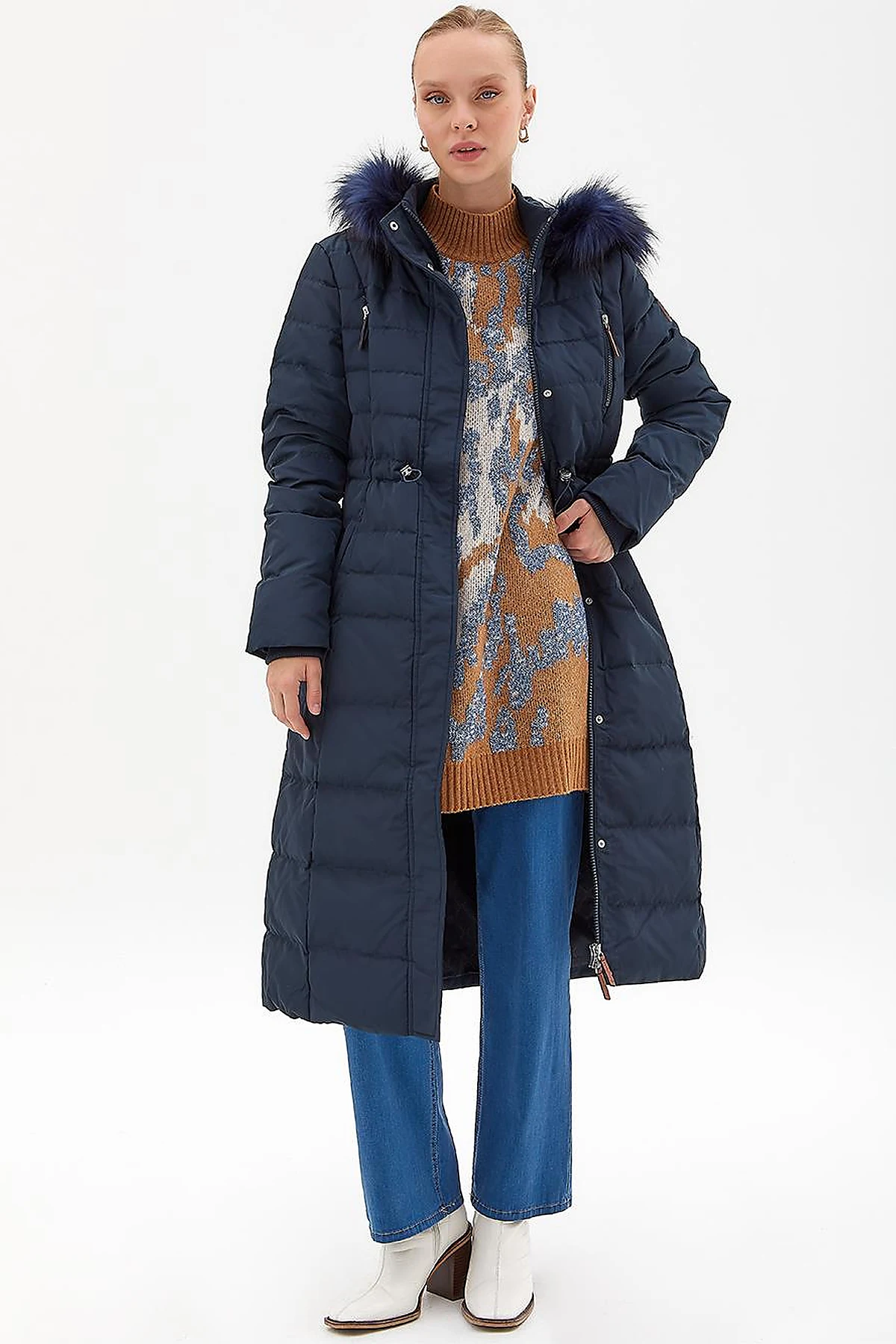 Goose Feather Filled Long Coat Navy