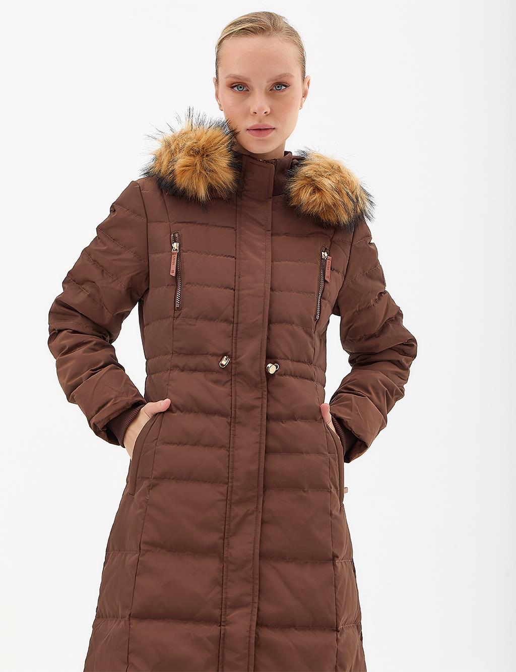 Goose Feather Filled Long Coat Brown