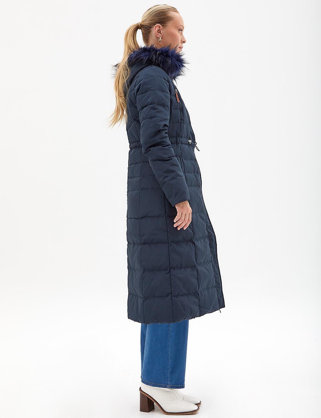 Goose Feather Filled Long Coat Navy