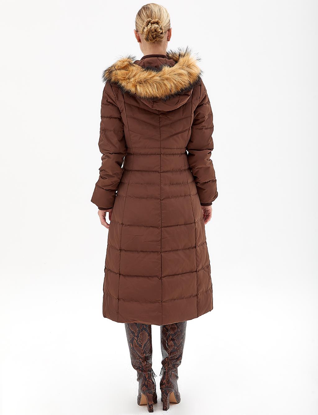 Goose Feather Filled Long Coat Brown