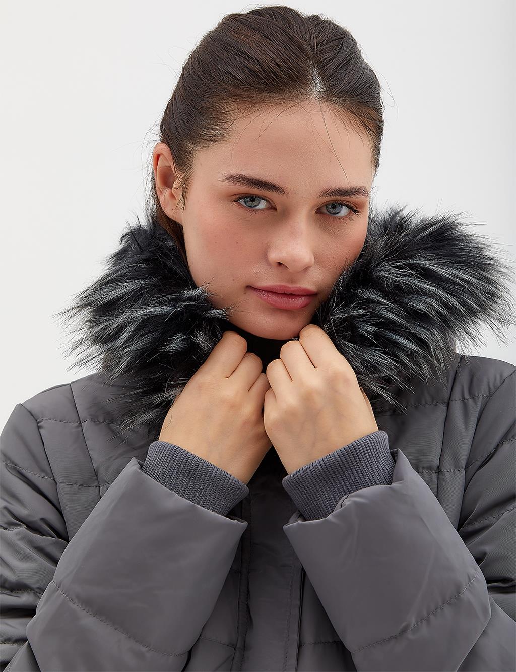 Goose Feather Filled Long Coat Anthracite