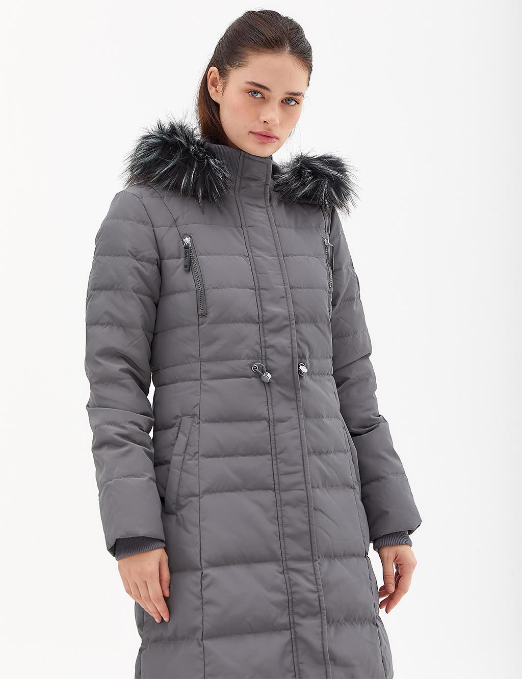 Goose Feather Filled Long Coat Anthracite