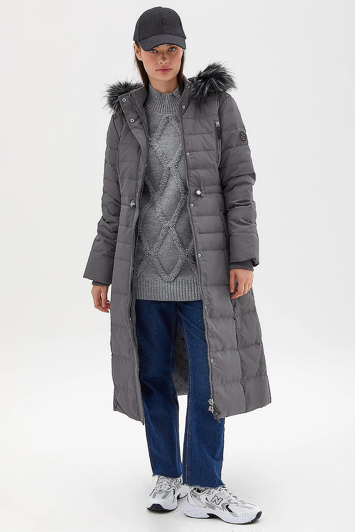 Goose Feather Filled Long Coat Anthracite