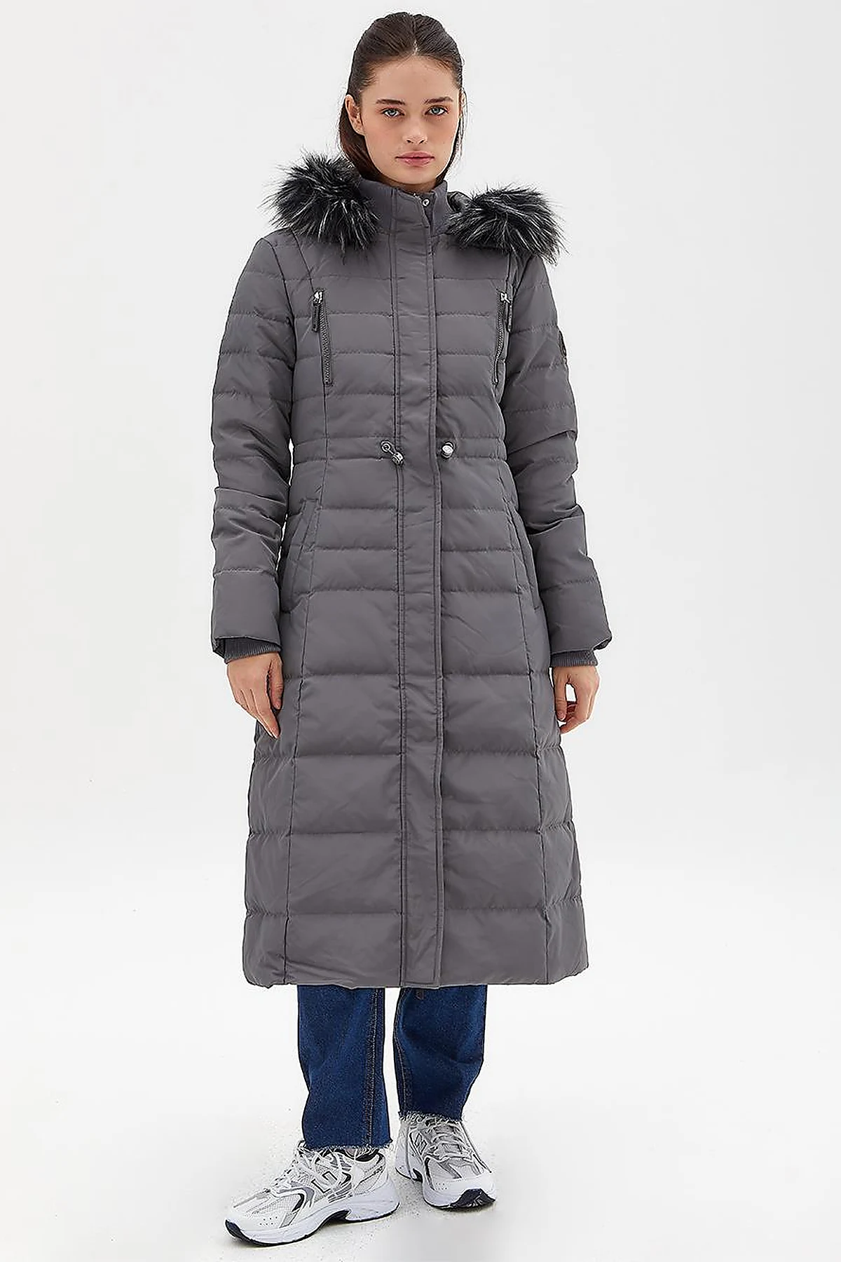 Goose Feather Filled Long Coat Anthracite