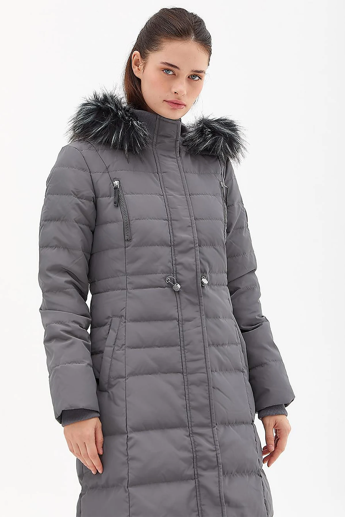 Goose Feather Filled Long Coat Anthracite