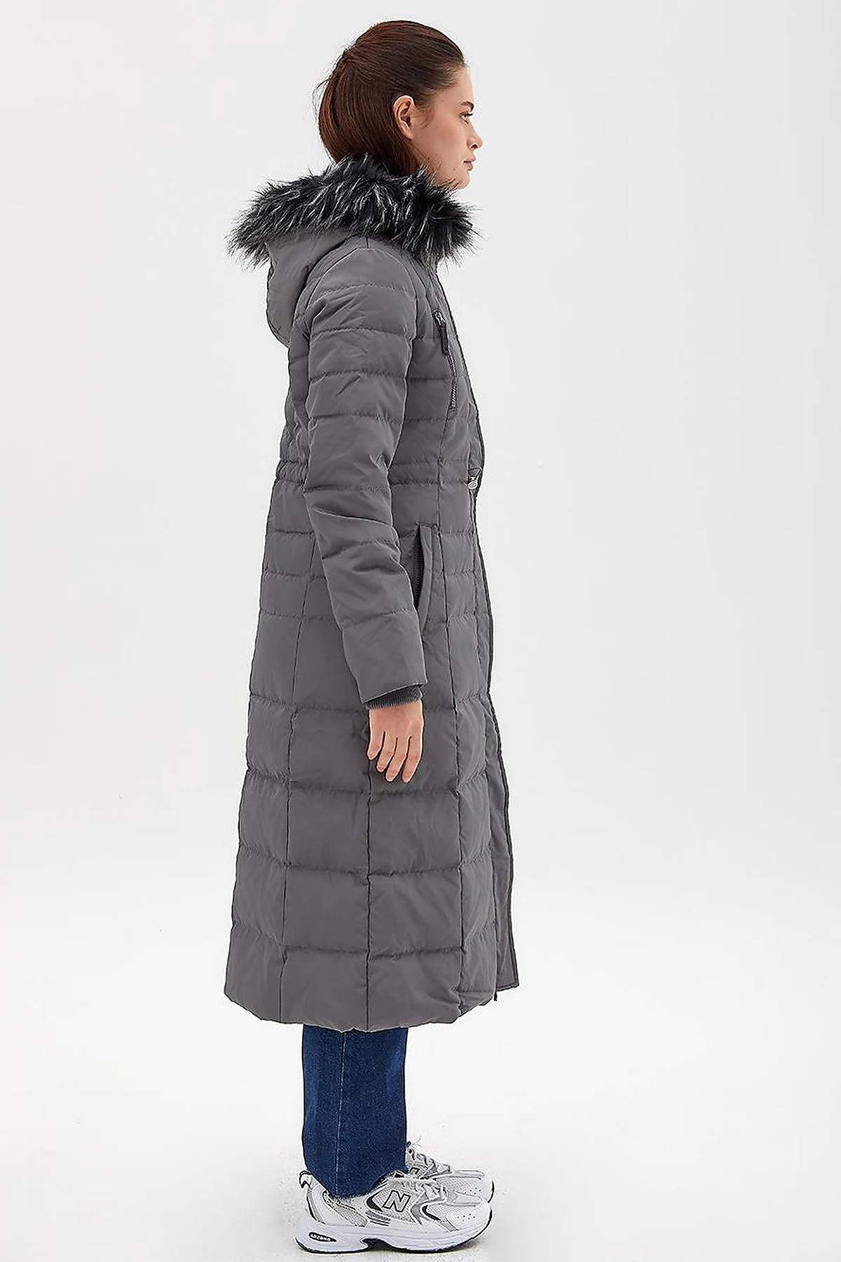Goose Feather Filled Long Coat Anthracite