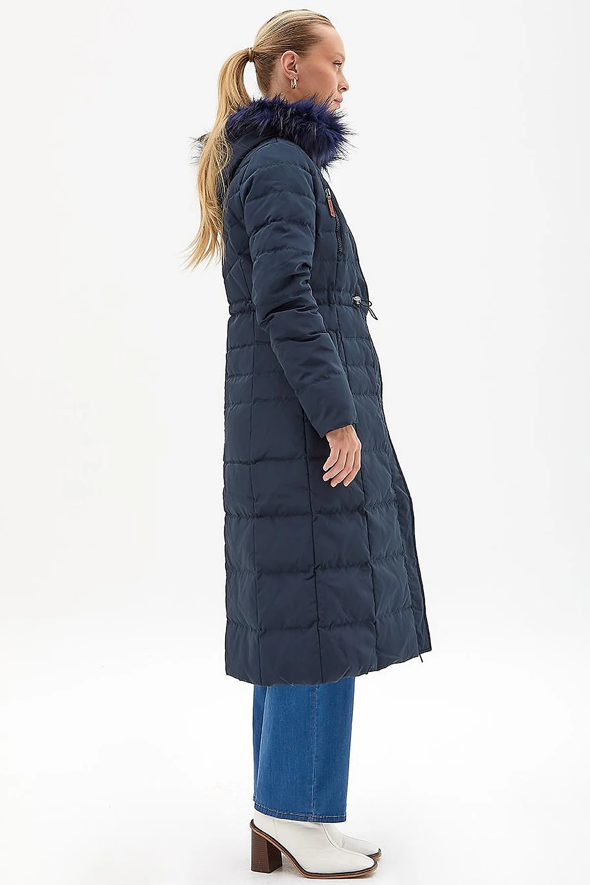 Goose Feather Filled Long Coat Navy