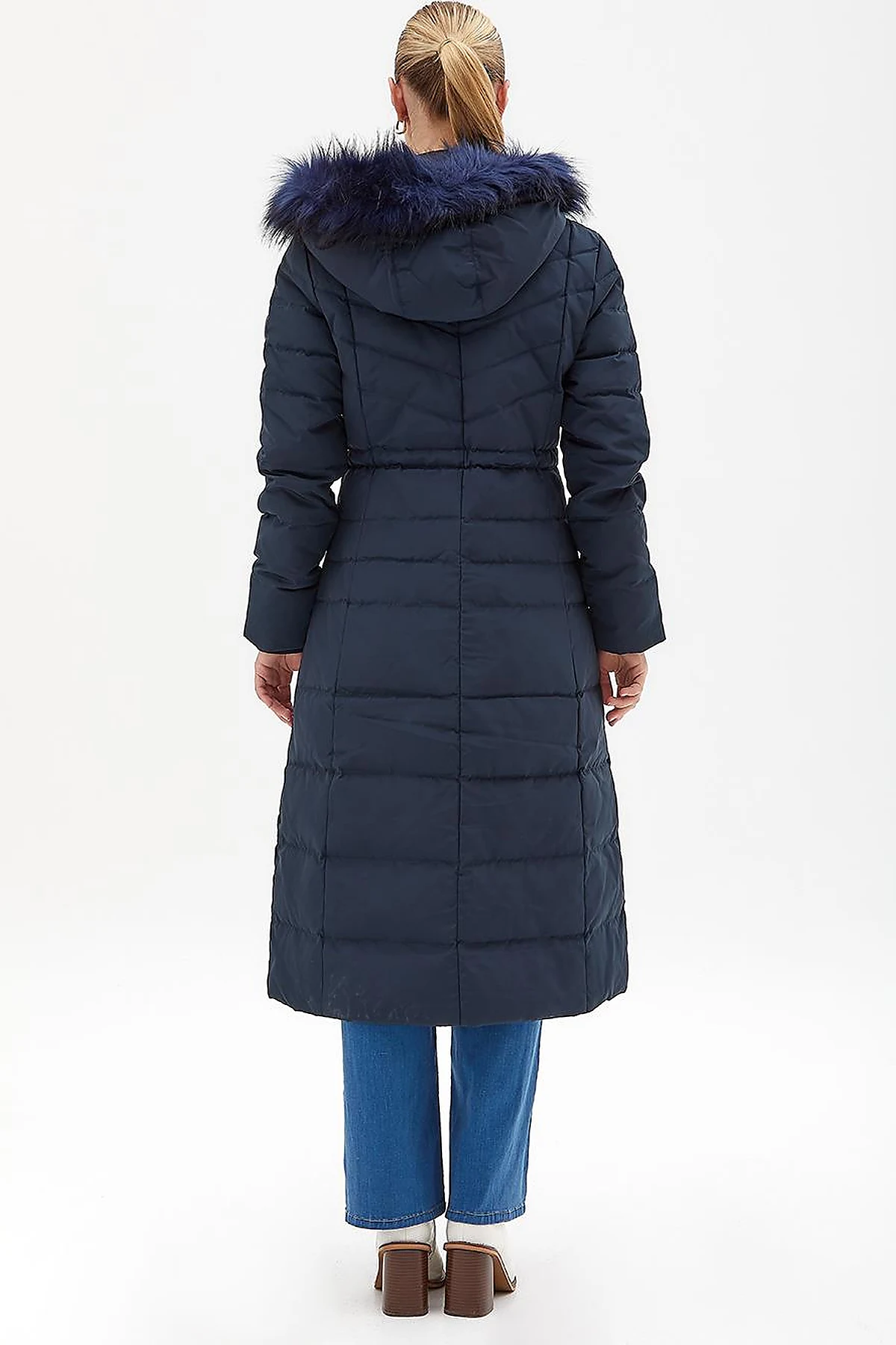 Goose Feather Filled Long Coat Navy