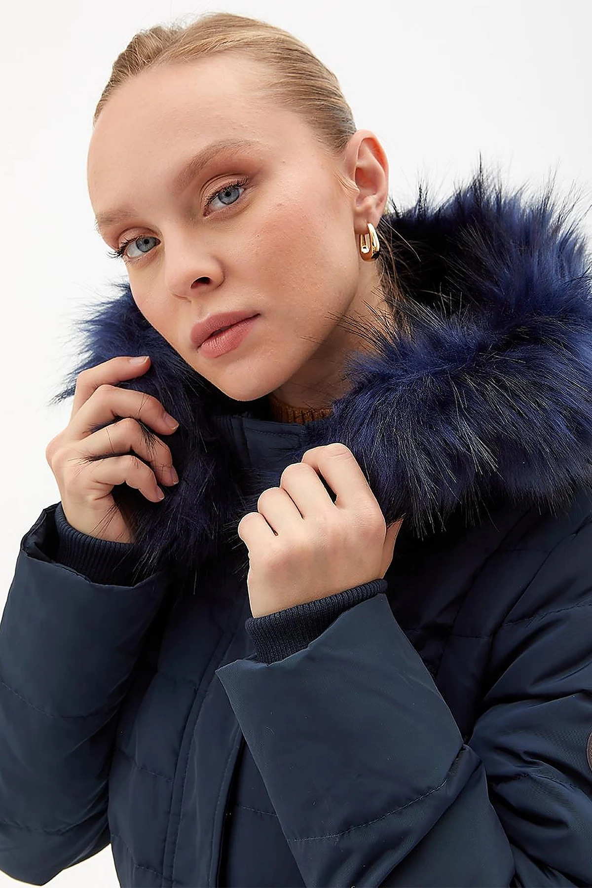 Goose Feather Filled Long Coat Navy