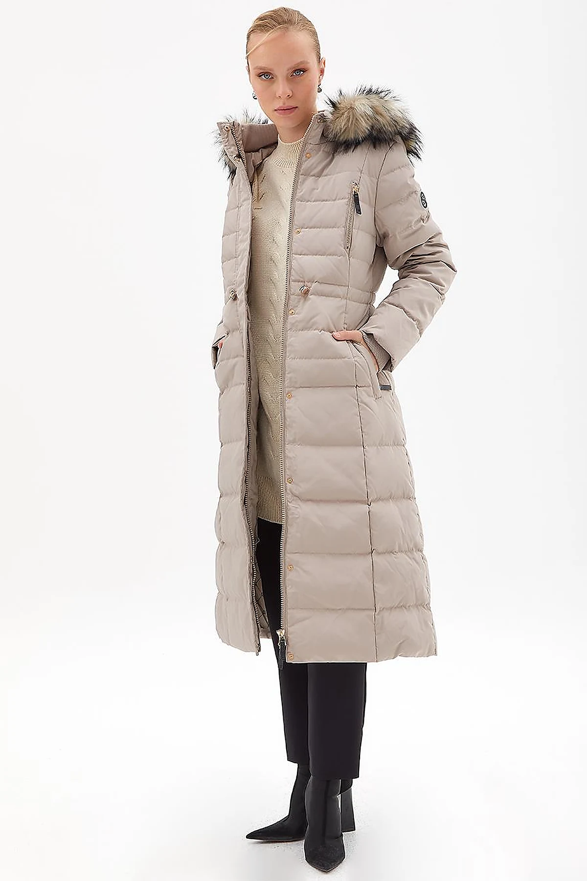Goose Feather Filled Long Coat Stone