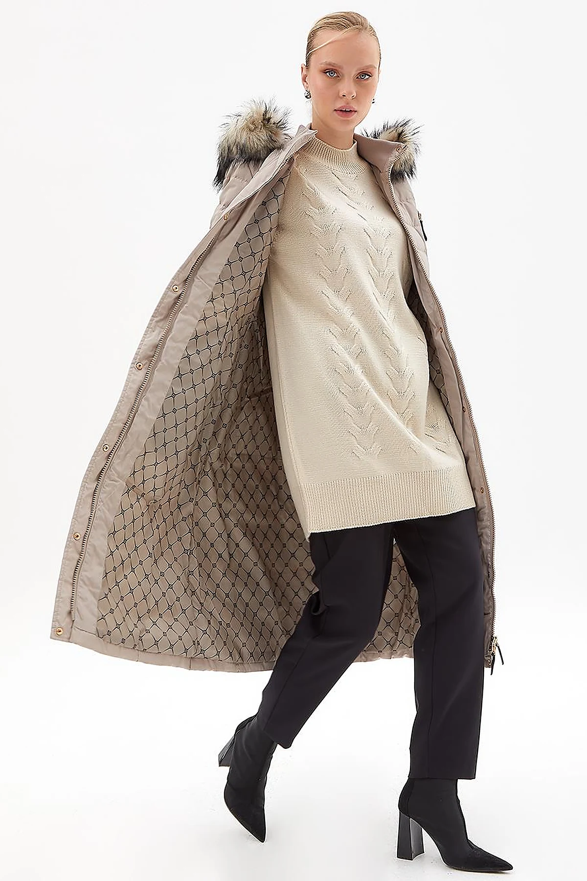 Goose Feather Filled Long Coat Stone
