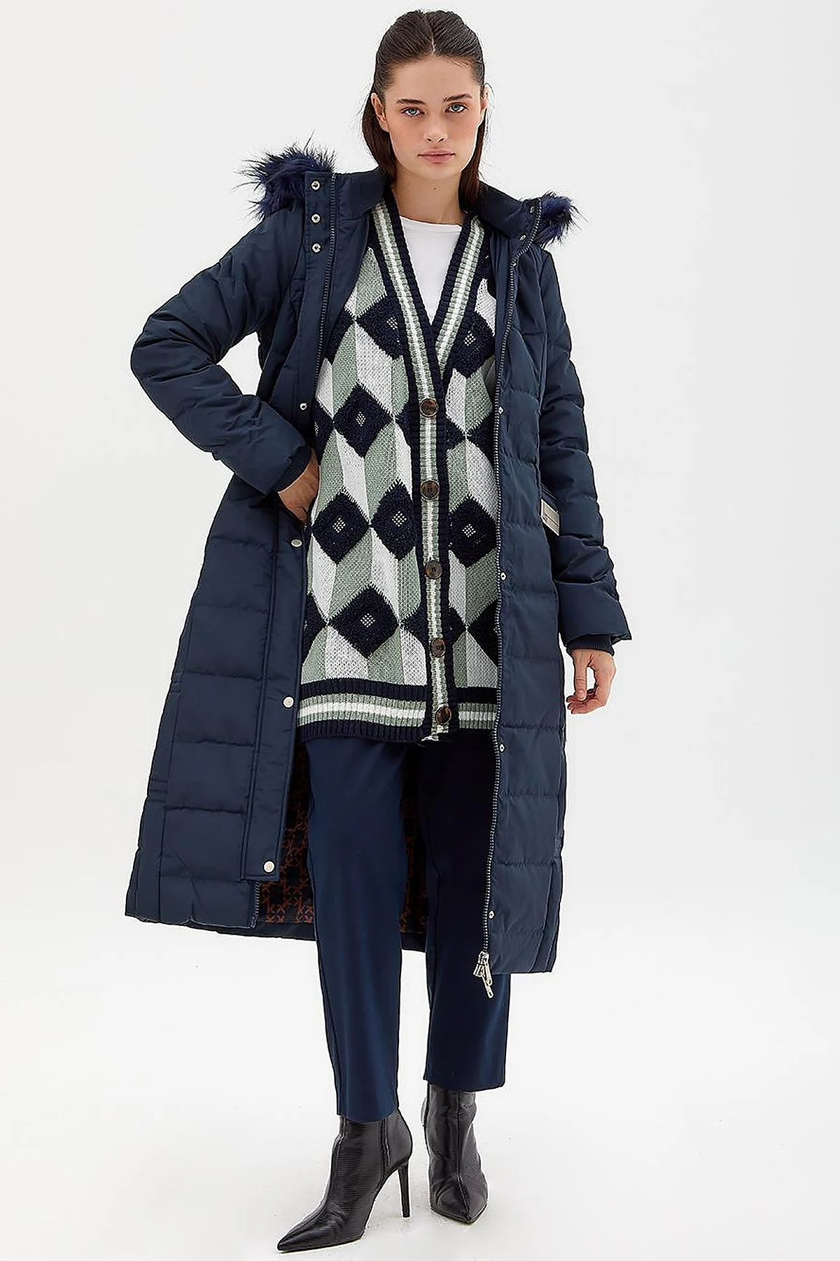 Down Coat With Belt Navy