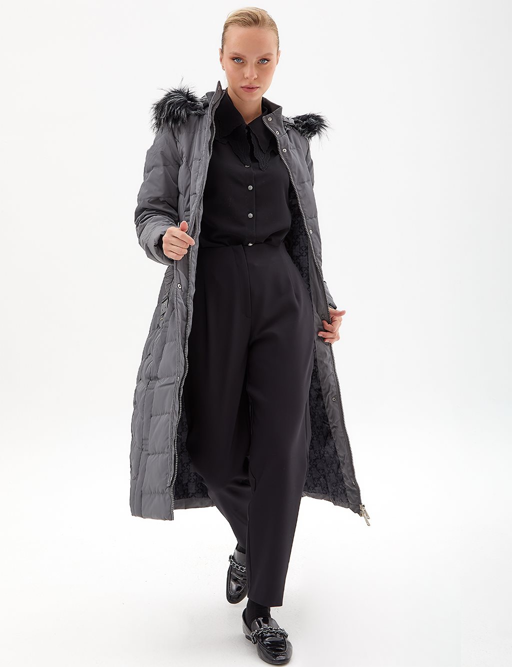 Down Coat With Belt Anthracite