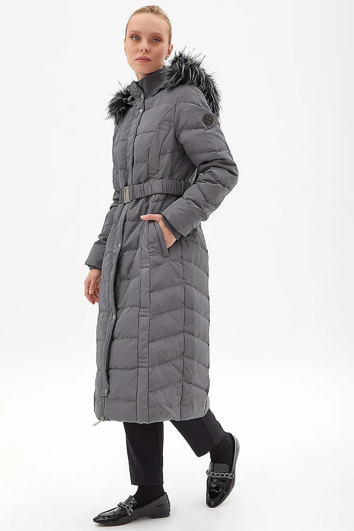 Down Coat With Belt Anthracite