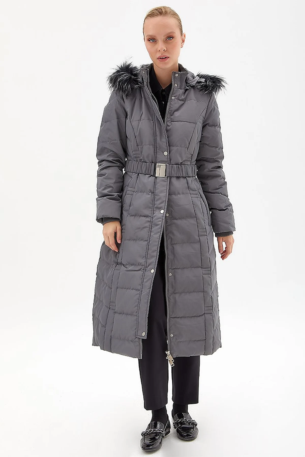 Down Coat With Belt Anthracite