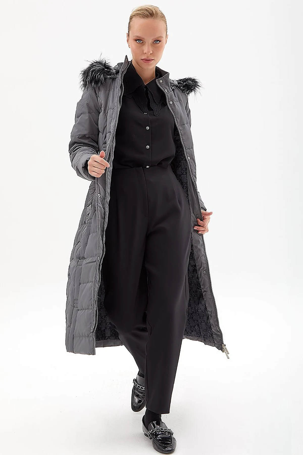 Down Coat With Belt Anthracite