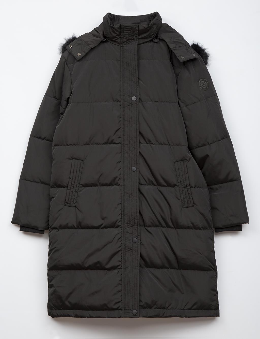 Quilted Stand Collar Hooded Fur Coat Black