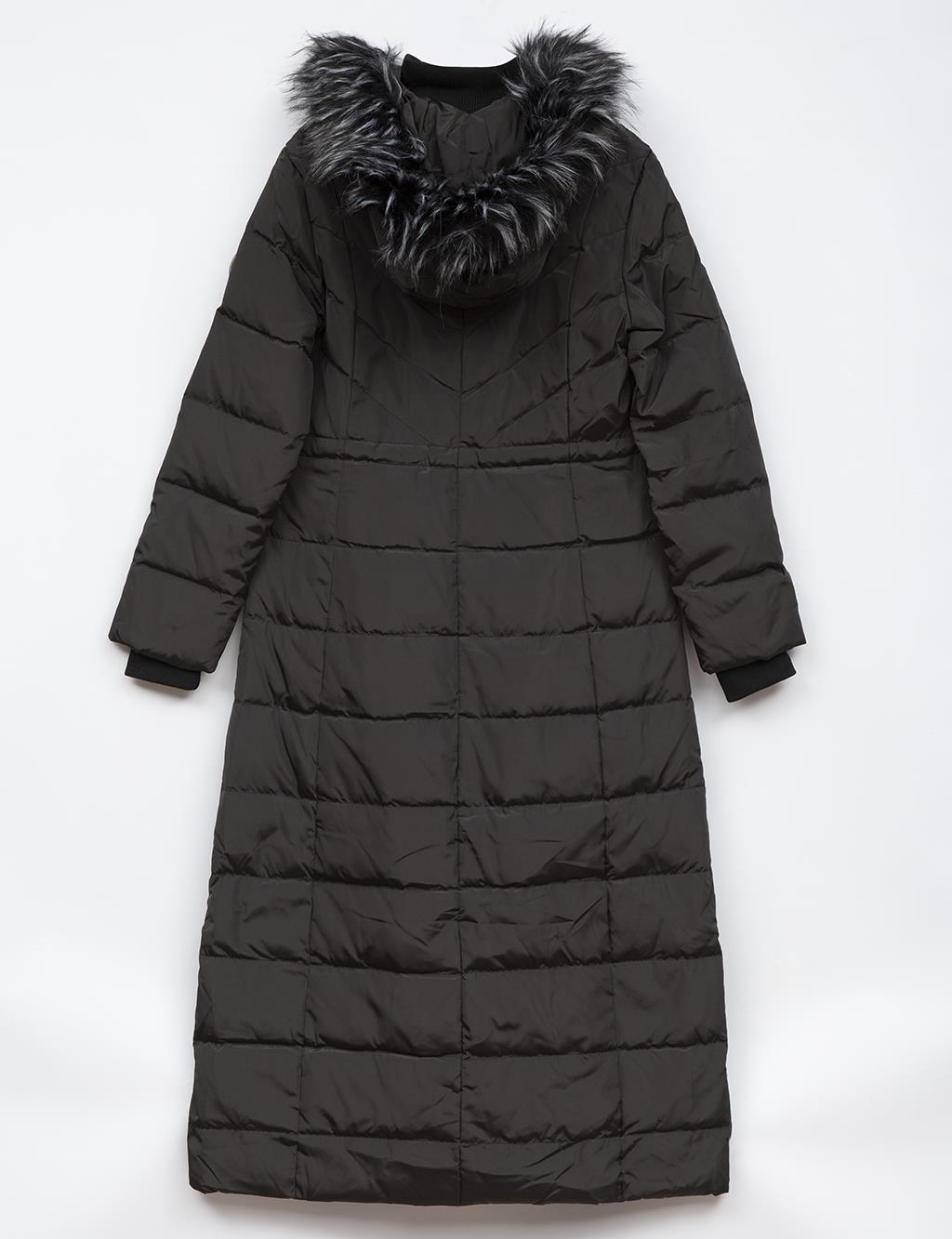 Quilted Goose Feather Hooded Fur Coat Black