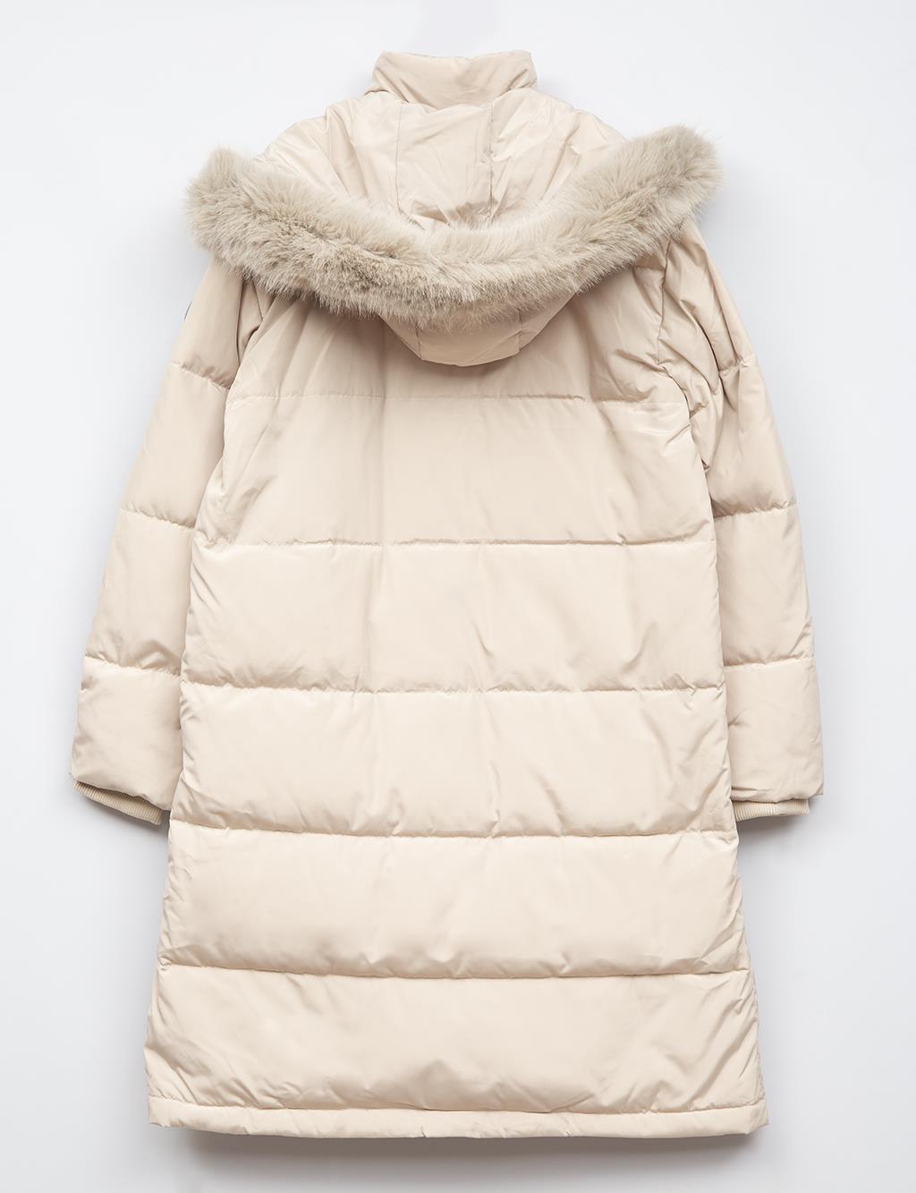 Quilted Stand Collar Hooded Fur Coat Cream