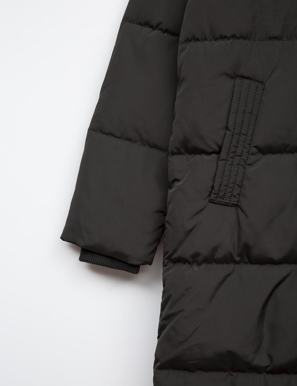 Quilted Stand Collar Hooded Fur Coat Black