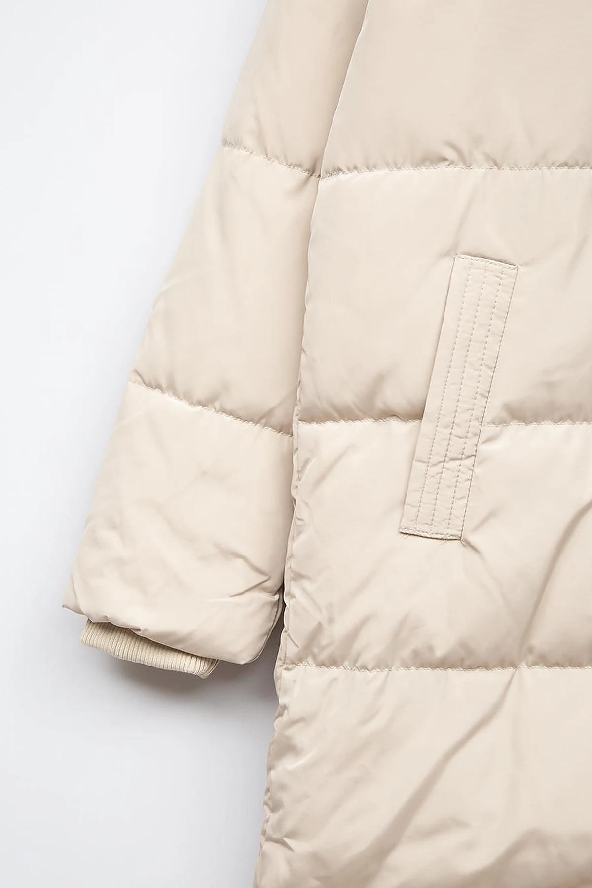 Quilted Stand Collar Hooded Fur Coat Cream