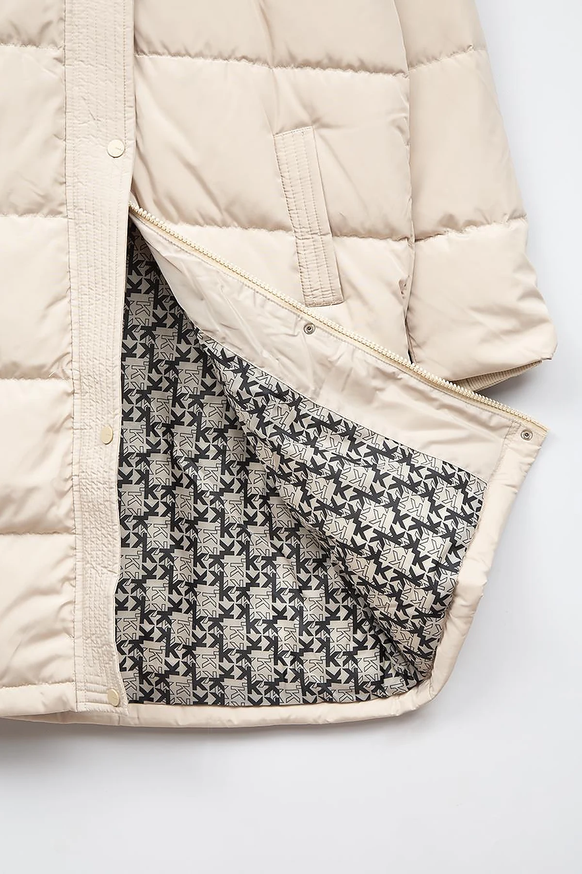 Quilted Stand Collar Hooded Fur Coat Cream
