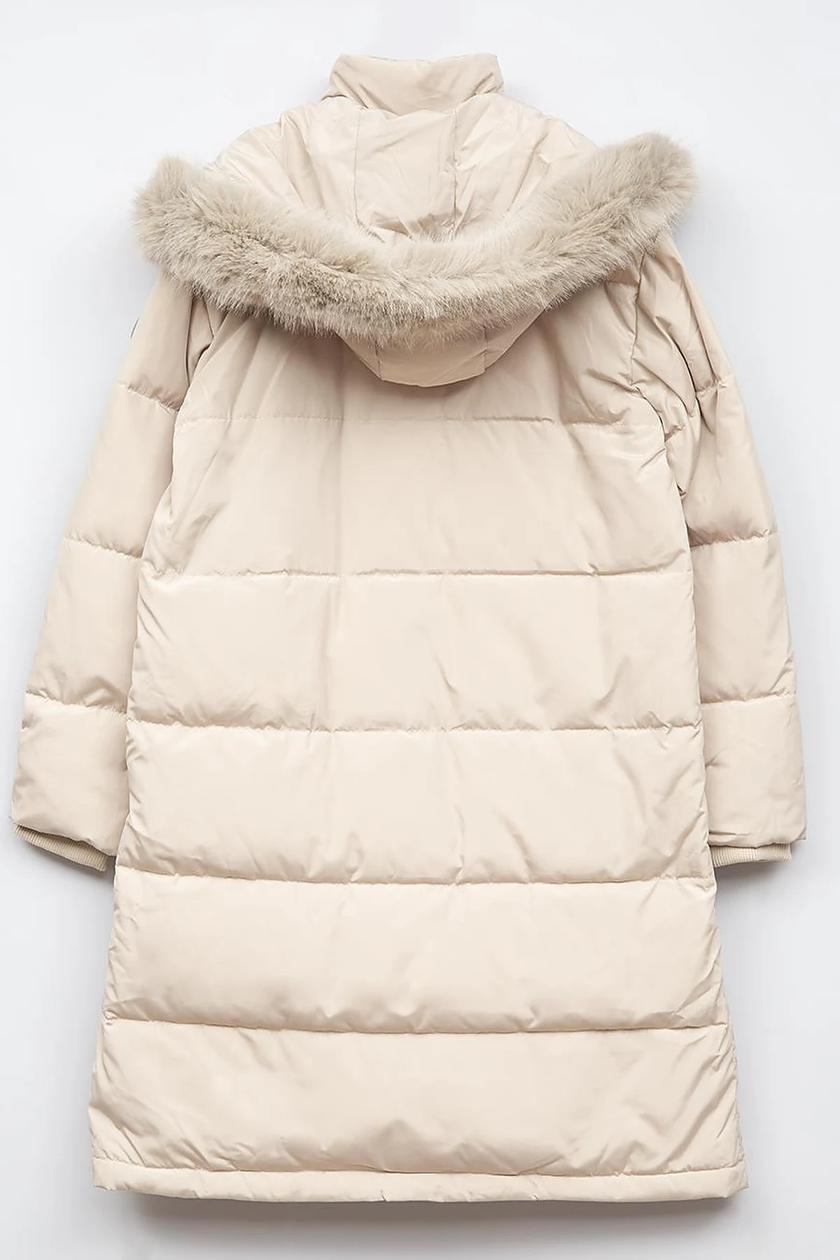 Quilted Stand Collar Hooded Fur Coat Cream