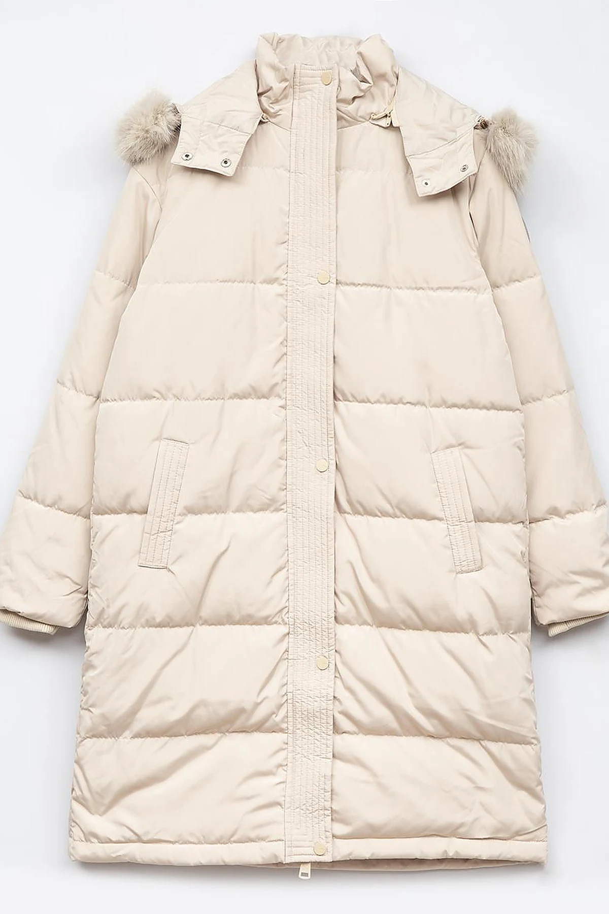 Quilted Stand Collar Hooded Fur Coat Cream