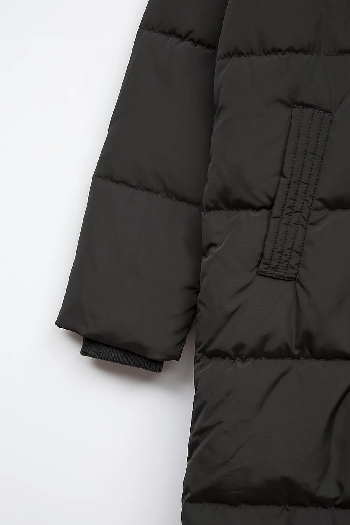 Quilted Stand Collar Hooded Fur Coat Black