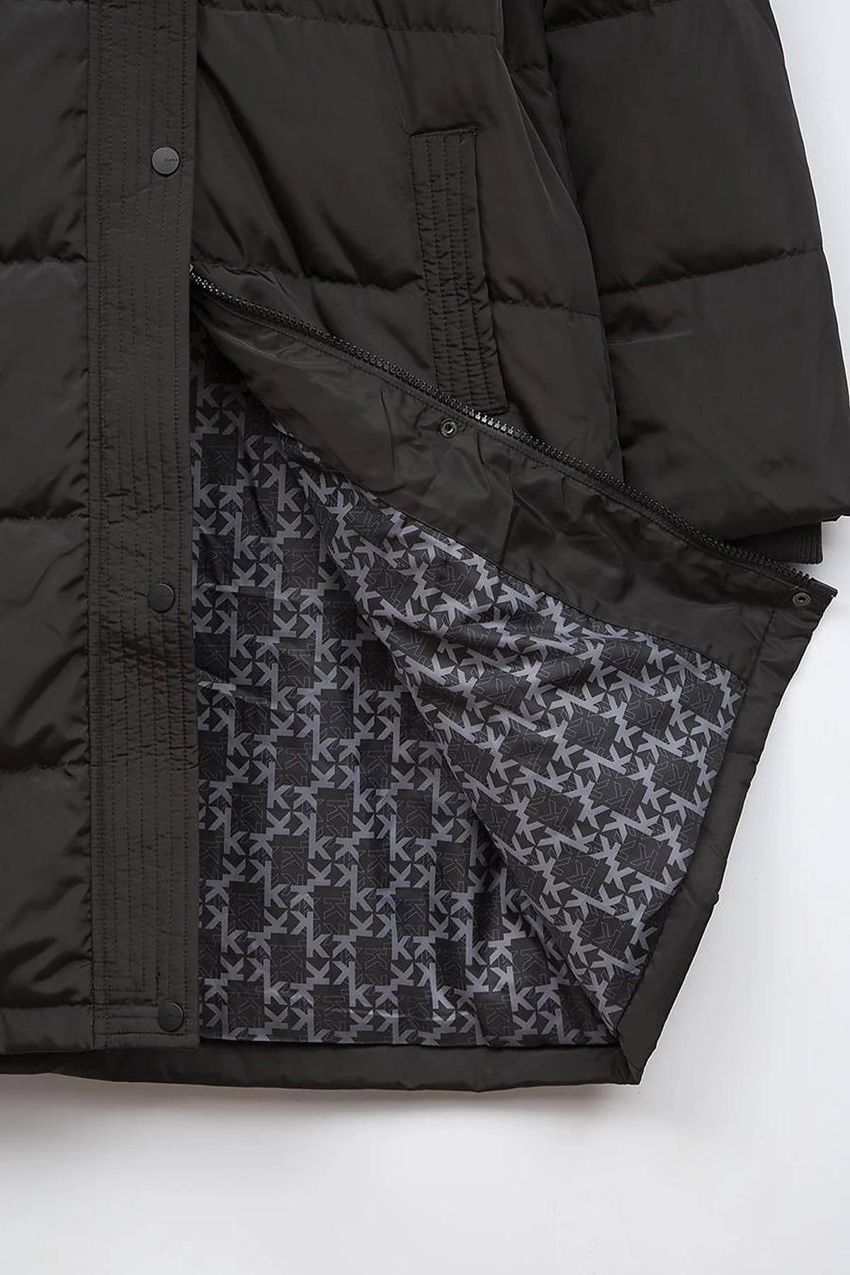 Quilted Stand Collar Hooded Fur Coat Black