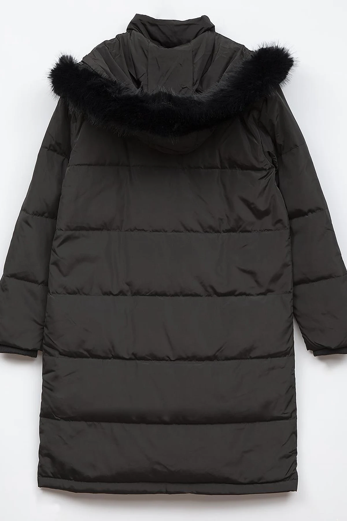 Quilted Stand Collar Hooded Fur Coat Black