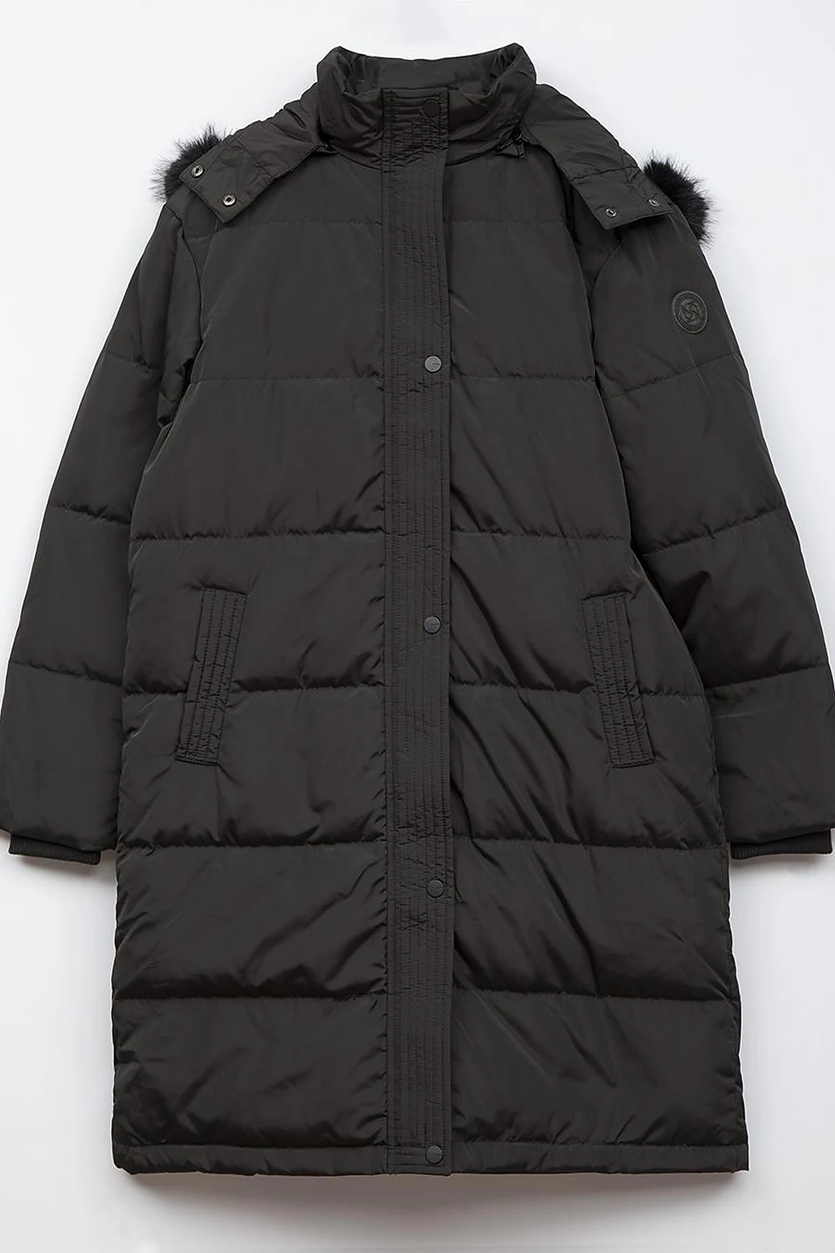 Quilted Stand Collar Hooded Fur Coat Black