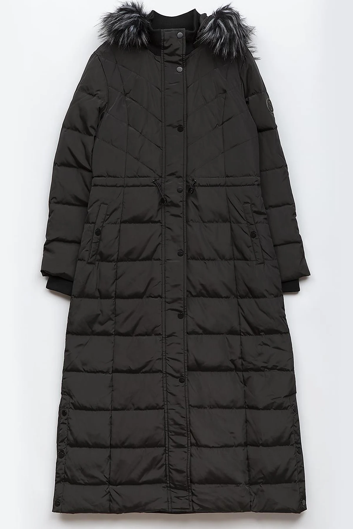Black Long Goose Down Puffer Coat with Drawstring Waist