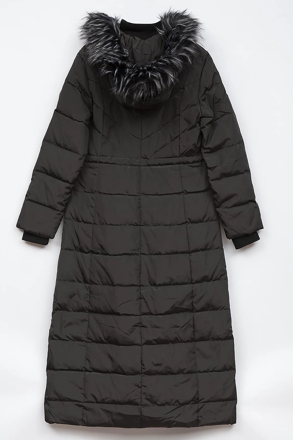 Black Long Goose Down Puffer Coat with Drawstring Waist