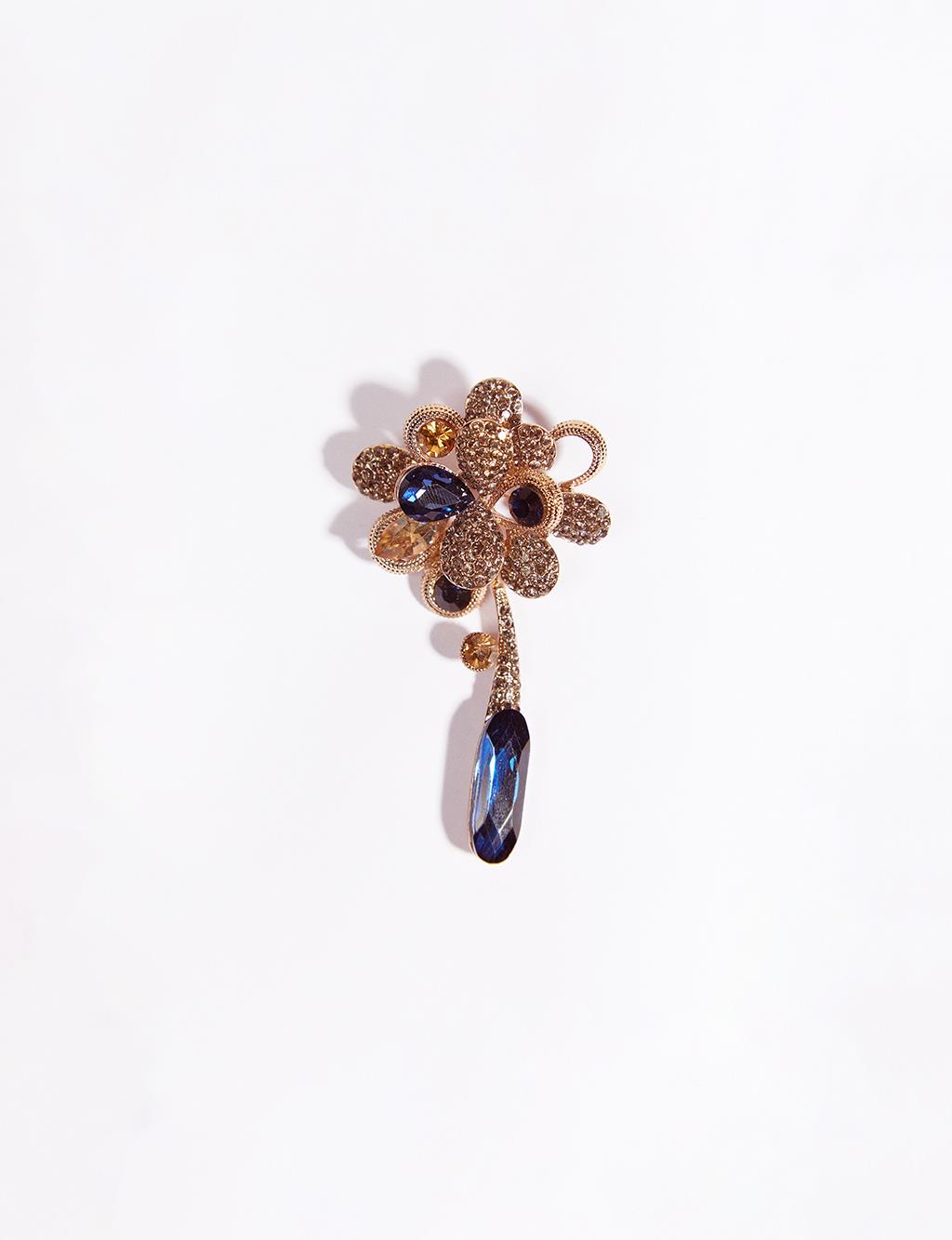 Flower Figured Stone Brooch Blue