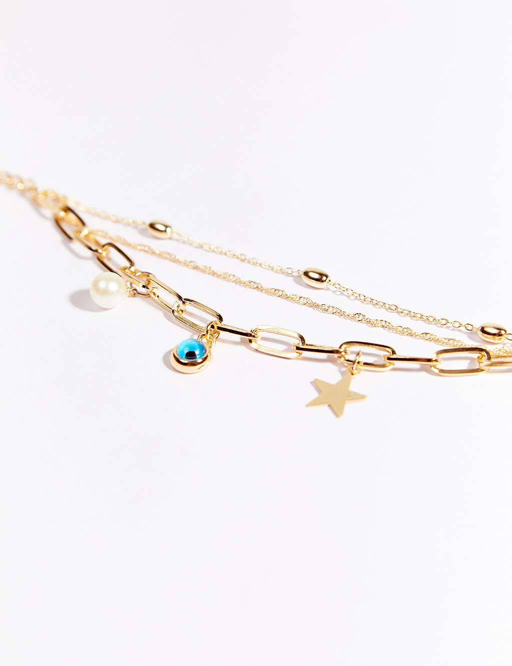 Evil Eye Bead Star Figure Pearled Multiple Bracelet Gold