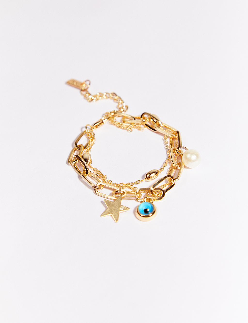 Evil Eye Bead Star Figure Pearled Multiple Bracelet Gold