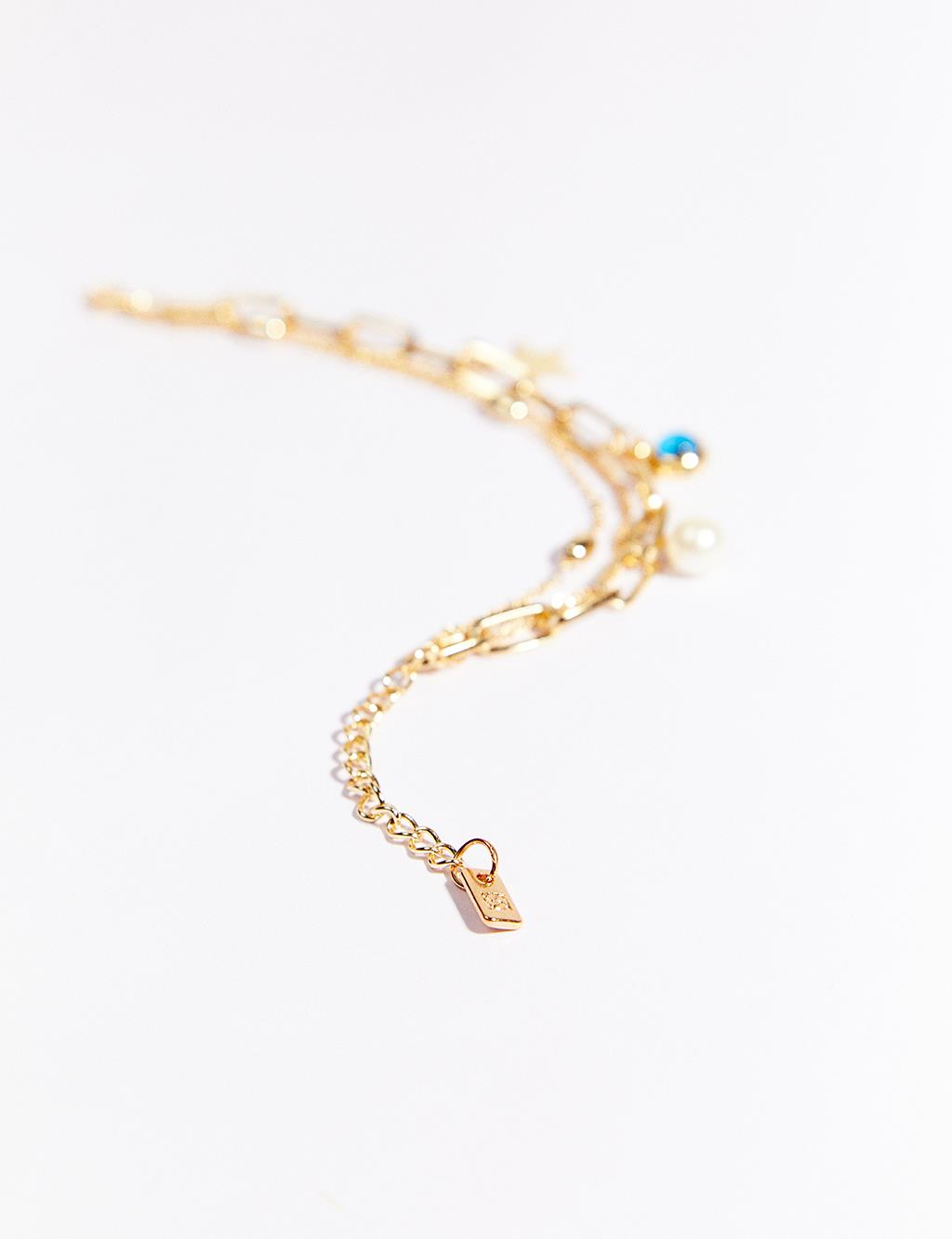 Evil Eye Bead Star Figure Pearled Multiple Bracelet Gold