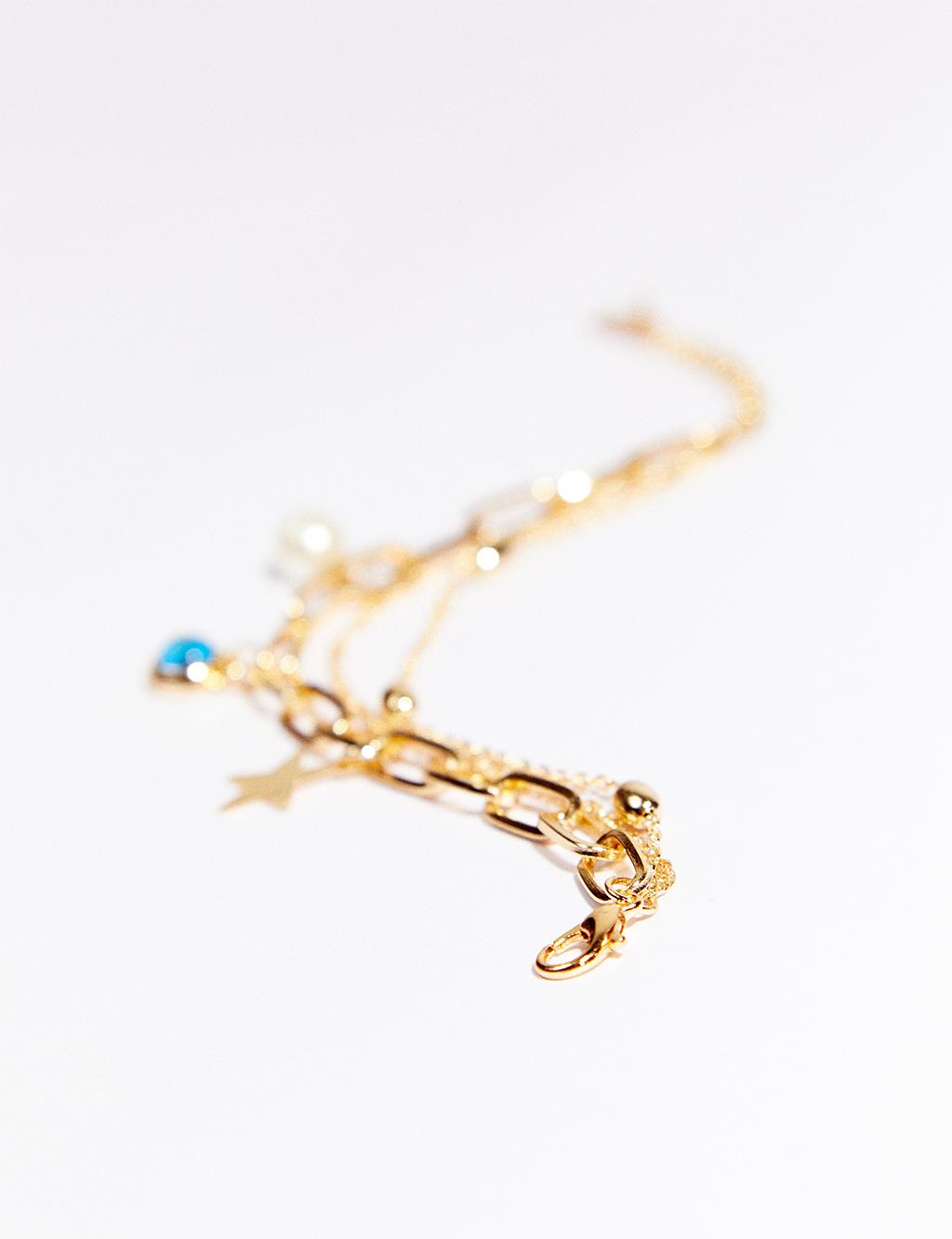 Evil Eye Bead Star Figure Pearled Multiple Bracelet Gold