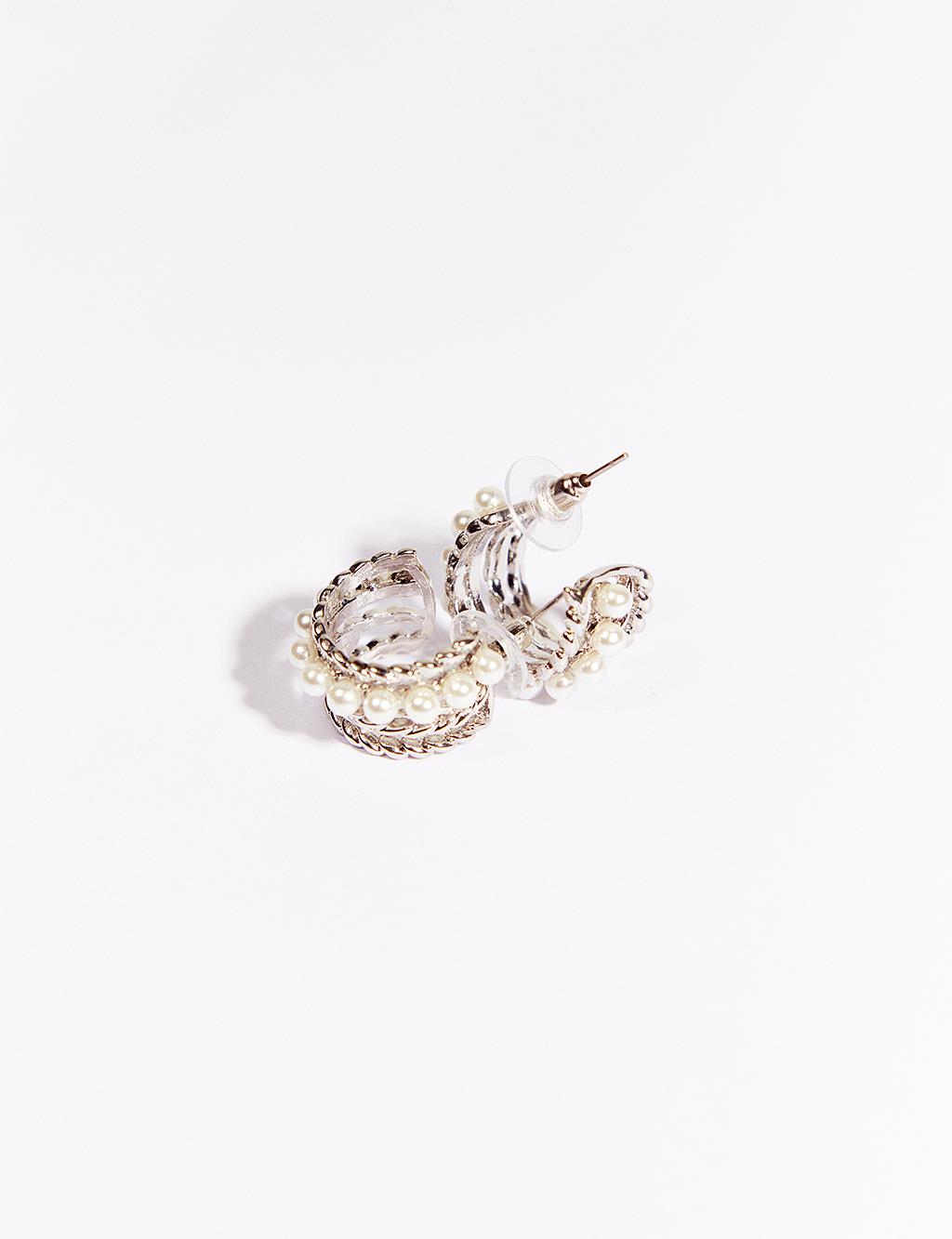 Twisted Pearl Detailed Hoop Earrings Silver