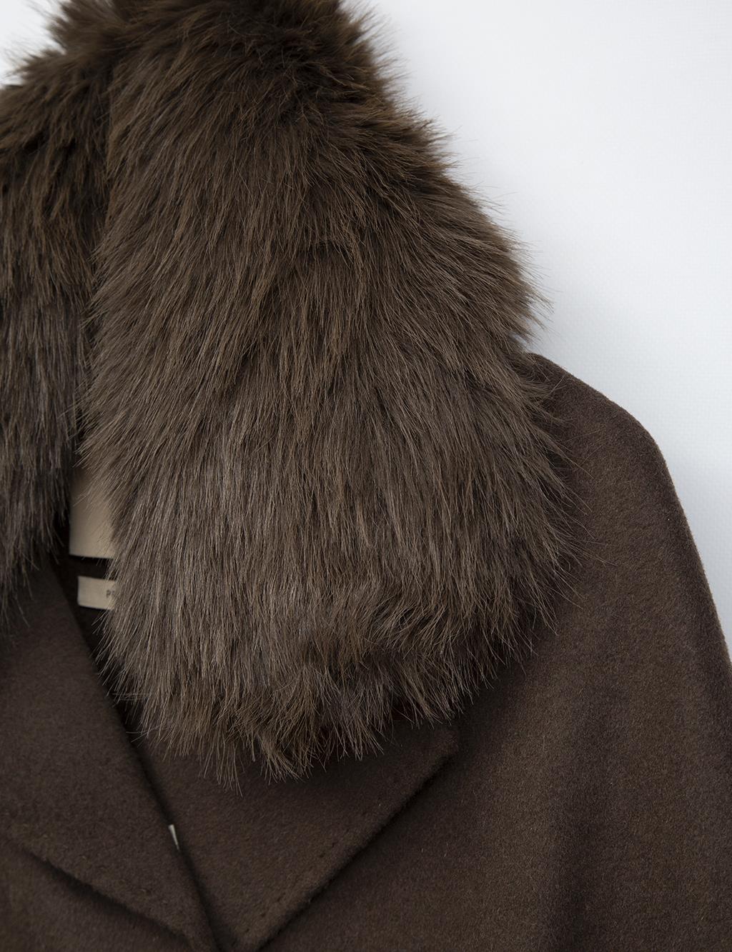 Premium Wool Fur Double Breasted Button Coat Dark Brown