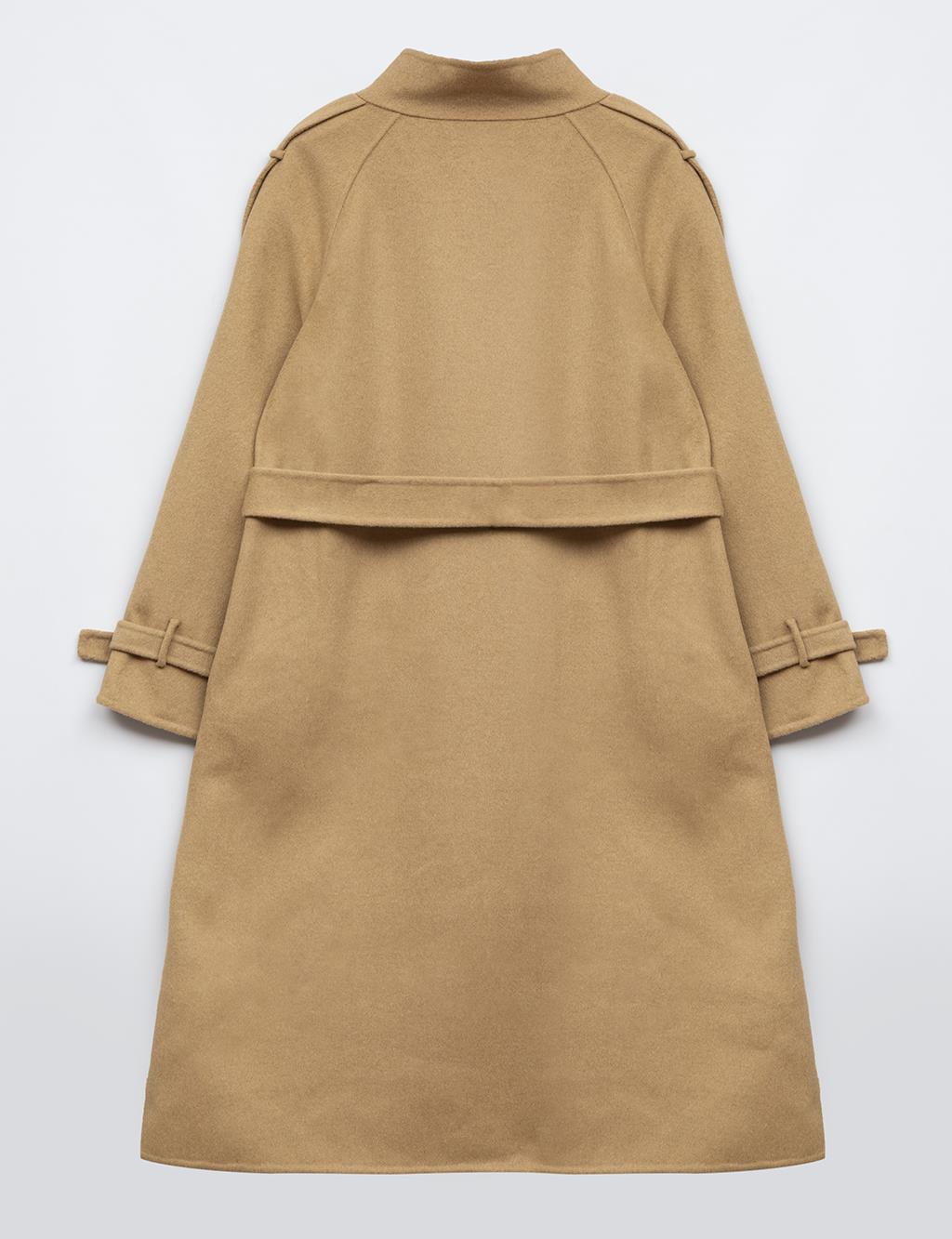 Premium Stand Collar Double Breasted Belted Cashmere Coat Camel