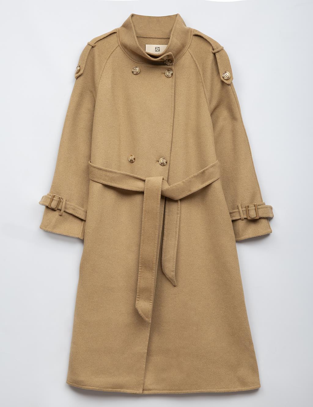 Premium Stand Collar Double Breasted Belted Cashmere Coat Camel