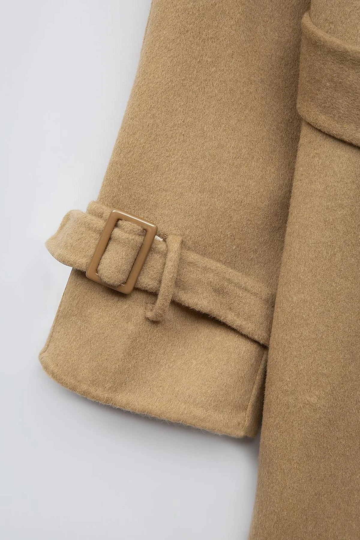 Premium Dik Yaka Kruvaze Kuşaklı Kaşe Kaban Camel
