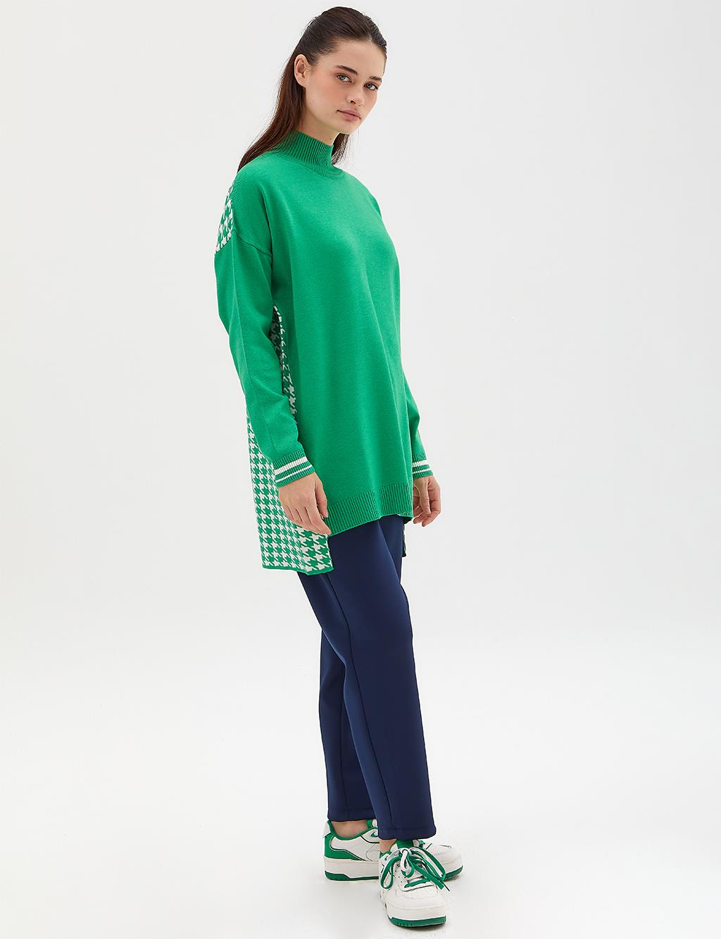 Houndstooth Patterned Knitwear Tunic Green